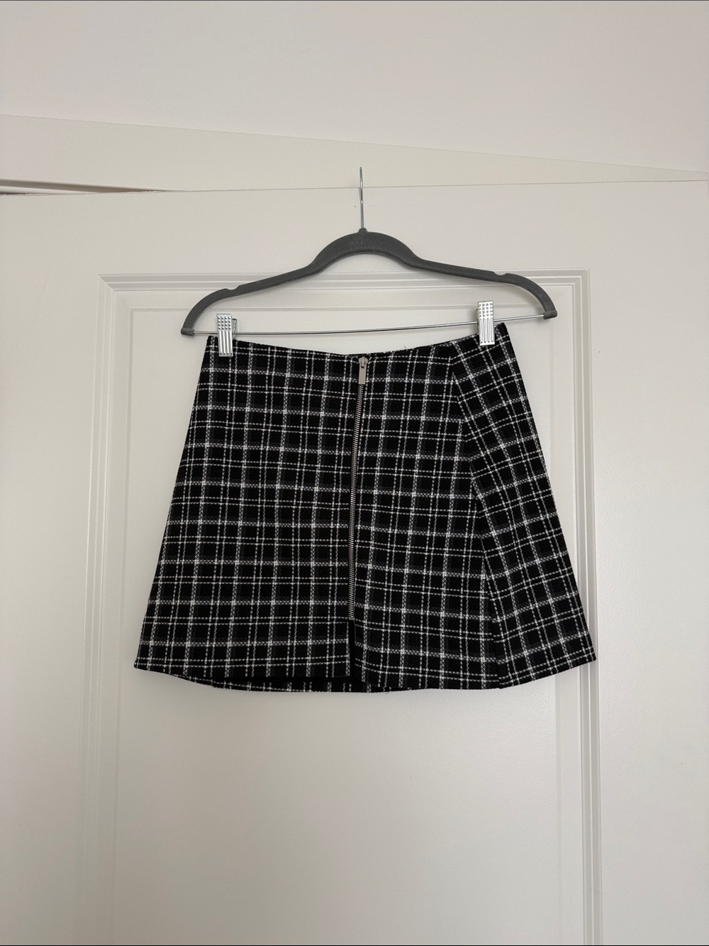 Zara Black and White Plaid Mini Skirt with Front Zip
